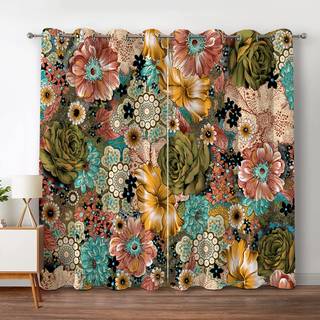 Jekeno Boho Floral Blackout Gardiner Farverige blomster Bohemsk indretning til kvindelige børn Piger soveværelse Stue Grommet Vinduesgardiner 2 p