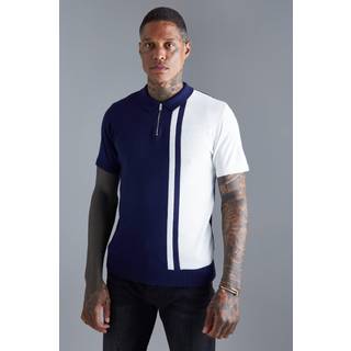 Mens Navy Stripe Colour Block Knitted Polo