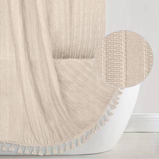 Sæsontræ beige boho bruser gardin 72 x 72 tekstureret lodret stribet bruseforhæng Bohemsk chic kvast neutral bruseforhæng