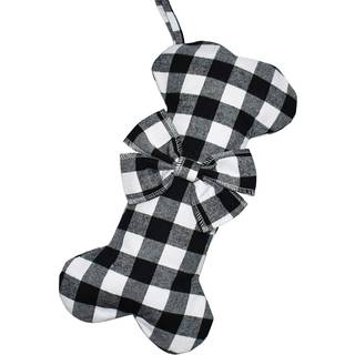 Senneny Pet Dog Christmas Stockings Classic Buffalo Black White Plaid Large Bone Form Hanging Christmas Stocking For Dogs Pets