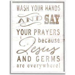 Stupell Industries White Wood Look Jesus og bakterier er overalt Vask dit h?nder tegndesign af Cindy Jacobs indrammet v?gkunst 16 x 20