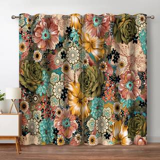 Jekeno Boho Floral Blackout Gardiner Farverige blomster Bohemsk indretning til soveværelse Stue Grommet Vinduesgardiner 2 Panel sæt 52 """" X84 """"