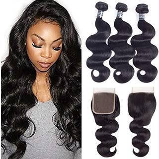 Amella Hair 100% uforarbejdet brasiliansk kropsbølge bundter med lukning (16 18 20 Closure Natural Black) Jomfru brasiliansk hårbundter vævet me