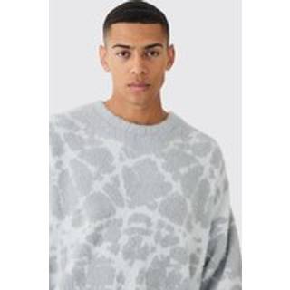 Mens Light Grey Fluffy Abstract Knitted Boxy Jumper