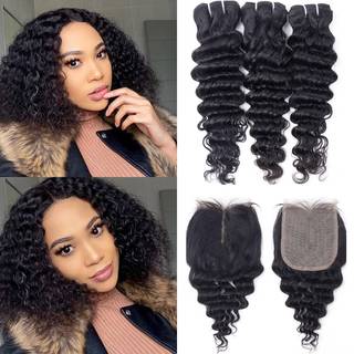 FQ Brazilian Deep Wave -bundter med lukning Deep Curly Weave Human Hair Bundles med blonder lukning Uforarbejdet jomfruhår Hårtbundter og 4x4x1 l