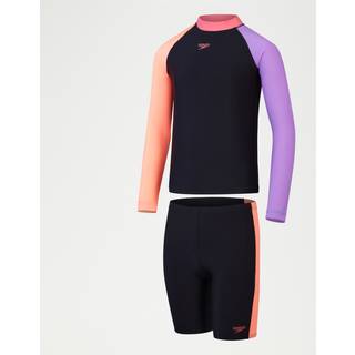 Girls Colourblock Rash Top & Jammer SetBlack/Coral - Pink