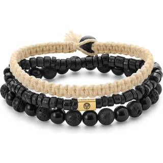 Sort & Beige Lava Sten, Onyx, Kokosnød & Guldfarvet Stål Armbånd Sæt