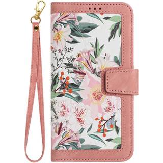 iPhone 15 Pro Læder Flip Cover m. Pung & Strop - Lyserød m. Blomster