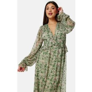 Bubbleroom Occasion Frill L/S Chiffon Midi Dress Green/Floral XS