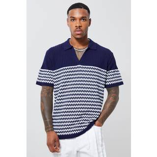 Mens Navy V Neck Striped Knitted Polo