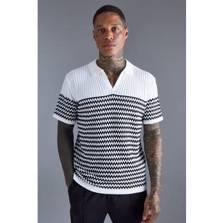 Mens White Regular Fit V Neck Striped Knitted Polo