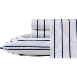 Nautica - King Sheet Set Cotton Percale Bedding Set Crisp & Cool Lightweight & Breathable (Brenton Stripe Navy Blue King)