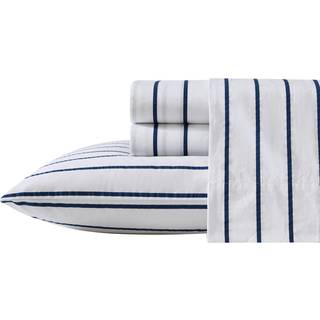 Nautica - Queen Sheet Set Cotton Percale Bedding Set Crisp & Cool Lightweight & Breathable (Brenton Stripe Navy Blue Queen)
