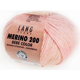 Lang Yarns Merino 200 Bebe Color 509 Indhold: 100% Superwash Merinould Vægt/længde: 50 g = 203 meter Anbefalede pinde: 2,5-3,5 mm. Strikkefasthed: 10 x 10 cm = 28 m x 32 p Vask: Finvask 40ºC / Brug aldrig skyllemiddel / Tørres fladt.
