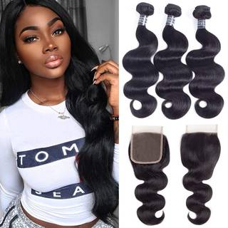 Amella Hair Brazilian Body Wave Virgin Hair 3 Bundles med lukning (12 14 16 Closure Gratis del) 8A Uforarbejdet menneskehårbundter med lukning Vå
