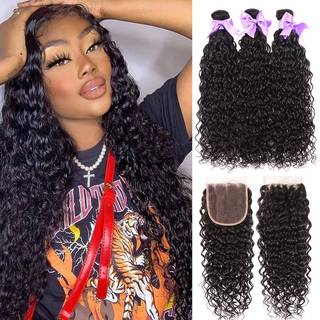 8a Brasiliansk jomfru Human Hair Water Wave Bundles med 4 tommer x 4 tommer blonder lukning 100% menneskehår (14 16 18 Lukning Gratis del) Våde o