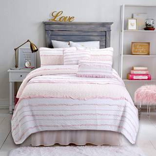 Hyggelige linje hjem mode smukke i lyser?d girly ruffle strippet 100% bomuld reversibel quilt senget?j s?t coverlet senget?ppe (lyser?d prinsesse