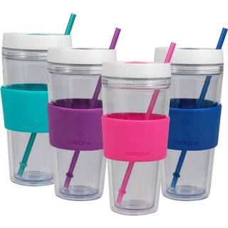Cool Gear 4 Pack 24 Oz Callisto Clear Chiller med halm og bånd | Dobbelt funktion lukning Farvet genanvendelig tumbler vandflaske - teal/lilla/ly