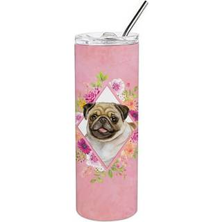 """" Caroline's Treasures Fawn Pug Pink Flowers Double Walled rustfrit stål 20 oz tynd rejseisoleret tumblere multicolor """"