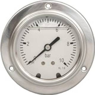 Manometer 14" x Ø63, 0-10 bar med glycerin, 3-huls frontflange og bagudrettet studs