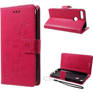 Huawei Honor 9 Lite stemplet sommerfugl blomster PU læder flip etui - Rose