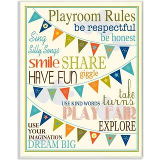Stupell Home D? Cor Playmoom Rules With Pennants in Blue Rectangle Wall Plaque 10,25 x 0,5 x 14,75 stolt fremstillet i USA