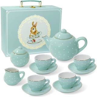 JewelKeeper Porcelain Tea Set til Little Girls - 13 -delt Tea Party Set med bæretaske - Kids Tea Set for Alder 3 og derover - Safe og holdbar min