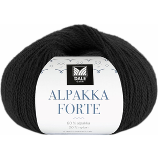 Dale Alpakka Forte 733 Sort Indhold: 80% alpaca, 20% nylon Vægt/længde: 50 g = ca. 133 meter Anbefalede pinde: 2.5-3.5 mm Strikkefasthed: 10 cm = 26-27 m på pind 2.5-3 mm / 25 m på pind 3.5 mm Vask: Uldvask30 °C / Vaskes med vrangen ud / Brug vaskemiddel til ud/silke / Brug ikke skyllemiddel / Tørres fladt.