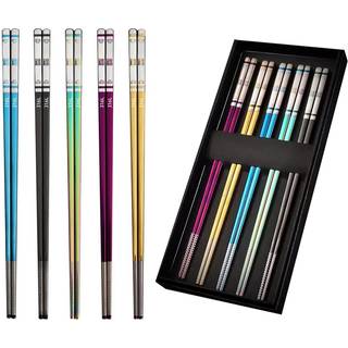 Hvanam 5 par farve 316 rustfrit stål 18/10 genanvendelige spisepinde sæt med sag regnbue flerfarvet ikke-skridsikker spisepinde sort lilla guldfa