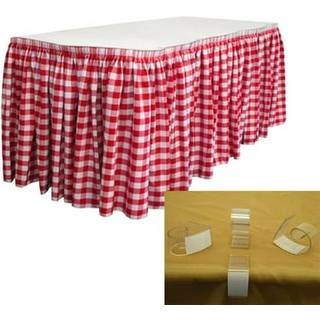 La linned polyester gingham rutet bord nederdel 14-fod med 29 tommer lang med 10 l-klip hvid og r?d