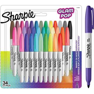 Sharpie Glam Pop Permanente Markers | Fin spids for fede detaljer | Assorterede livlige farver | 34 markerpenne