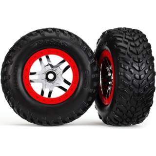 Traxxas - TRX6891 - Tires & wheels, assembled, glued (SCT Split-Spoke chrome, red beadlock style wheels, SCT off-road racing tires, foam inserts) (2)