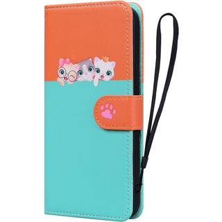 Samsung Galaxy A54 (5G) Flip Cover m. Strop / Ståfunktion / Kortholder - Orange / Blå (Katte)