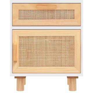 sengebord massivt fyrretræ og naturlig rattan hvid