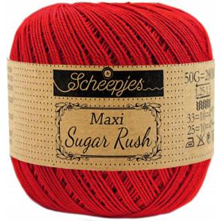 Scheepjes Maxi Sugar Rush 722 Red Indhold: 100% Bomuld Vægt/længde: 50 gram = ca. 280 meter Anbefalede pinde: 1.25 - 1.50 mm Strikkefasthed: 10 x 10 cm = 25m x 33p Maskinvask, 60°C / Tørres fladt.