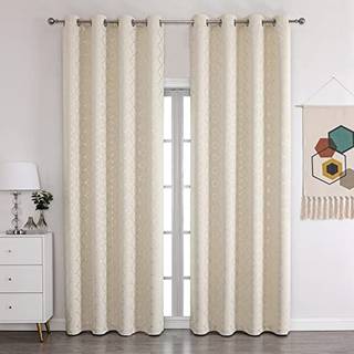 Enactex 100% fuld m?rkl?gningsgardiner 63 tommer l?ngde termisk isoleret beige gardin med geometrisk metallisk s?lv m?nster lysblokerende tylle v