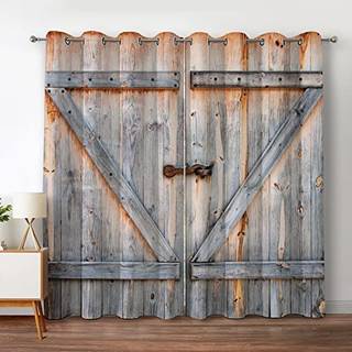 Jekeno Wood Barn Door Blackout Curtains Rustic Farmhouse Wood Door i Retro Color Oak Board Countryside Village Rural Decor til sovev?relse Stue G