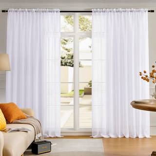 Mystic-Home Sheer Curtains White 95 inches Long Window Treatments Rod Pocket Drapes To Living Room Bedroom Semi Crinkle Extra Wide Curtains To Ya