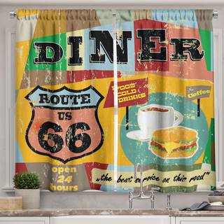 Lunarable Route 66 Køkkengardiner Nostalgisk spisestue skilt grunge tonet mad drikke kaffeburger illustrationsvindue gardiner 2 panel sæt til køk