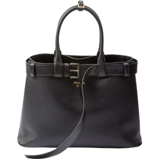 Buckle Large Leather Handbag with Belt in Black - OS