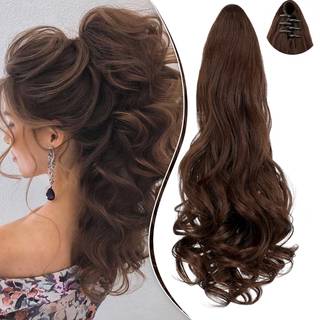 Leterly Ponytail Extension Claw 18 """" Curly Wavy Clip in Hairstiece Ponytail Hair Extensions Lang Pony Tail Synthetic For Women Medium Brown