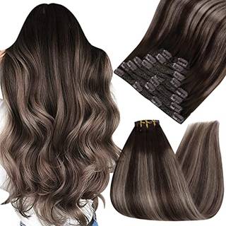 Ugat Clip in Hair Extensions Human Hair #4/18/4 Balayage Dark Brown To Ash Blonde With Dark Brown 22 Inch Remy Human Hair Extensions Clip in Real