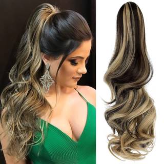 Leterly Ponytail Extension Clip i Claw 18 """" Curly Wavy Pony Tails Clip-on Long Hairstiece Jaw til kvinder Ash Blonde Mix Brown