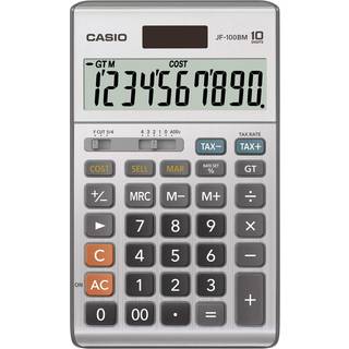Casio JF-100BM Standardfunktionskalkulator - Solcelle Plus, Momsberegning & Valutaomregning, 10-cifret stor skærm, Flerfarvet