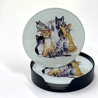 Coaster Cat 4pcs, Ø10cm Glasbrikker