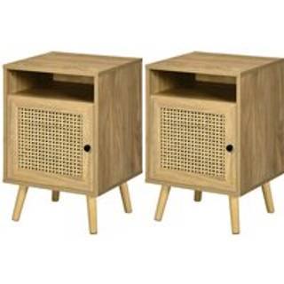 HOMCOM Bedside Table with Rattan Element, Side End Table with Shelf and Cupboard, 39cmx35cmx60cm, Set of 2, Natural