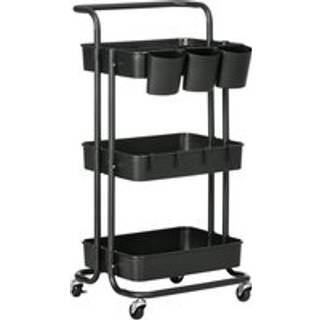 HOMCOM 3 Tier Utility Rolling Cart, Kitchen Cart with 3 Removable Mesh Baskets, 3 Hanging Box, 4 Hooks & Dividers for Living Room, Black Aosom UK