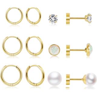 Dainty 6 par øreringe sæt til flere gennemborende lette 14k guldbelagte små huggie hoop øreringe fladt back ball ball cz stud ørering
