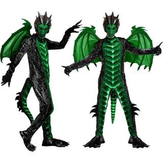 Spooktacular Creations Halloween Kids Dragon Costume Green Dark Dragon Jumpsuit Boys Dragon Wings Tail and Mask Set For Halloween Dress Up-M