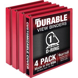 Samsill holdbar 1 tommer bindemiddel fremstillet i USA D Ring Binder Tilpasselig klar visning Dæk Rød 4 Pack hver har 225 sider